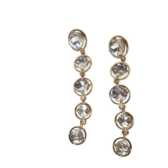 Gold Tone Rhinestone Crystal Dangle Drop Earrings - Picture 2 of 5